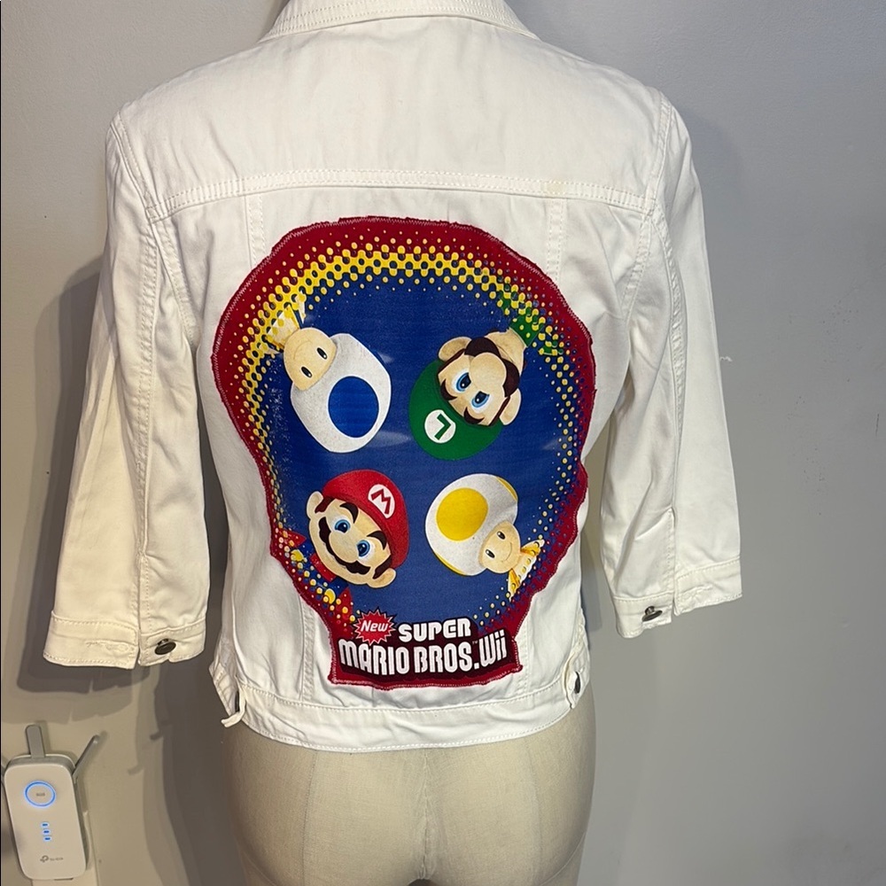 Refashioned White Jean Jacket with Super Mario Bros and Fringe detail